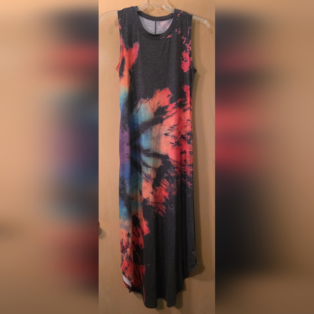 Sleeveless Tie Dye Gray Maxi Dress M w/Pockets